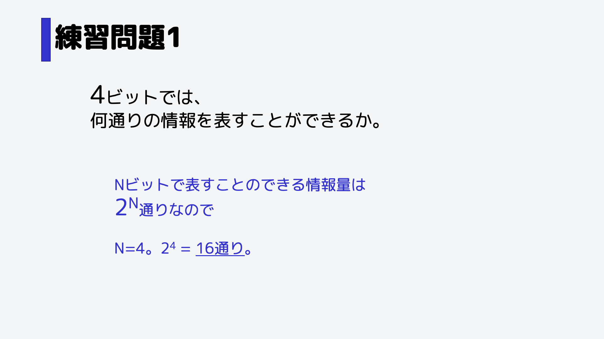 Nは4。つまり、2の4乗、16通りとなります。