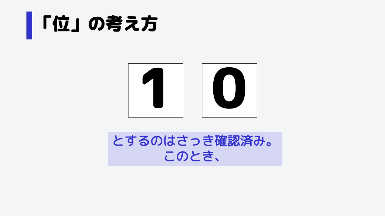 10とするのは先ほど確認しましたね。この時、1と0それぞれを次の通りに考えます。