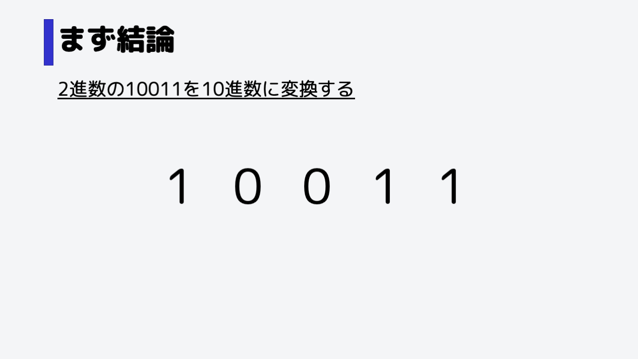 今回は10011(イチゼロゼロイチイチ)を10進数に変換します。
