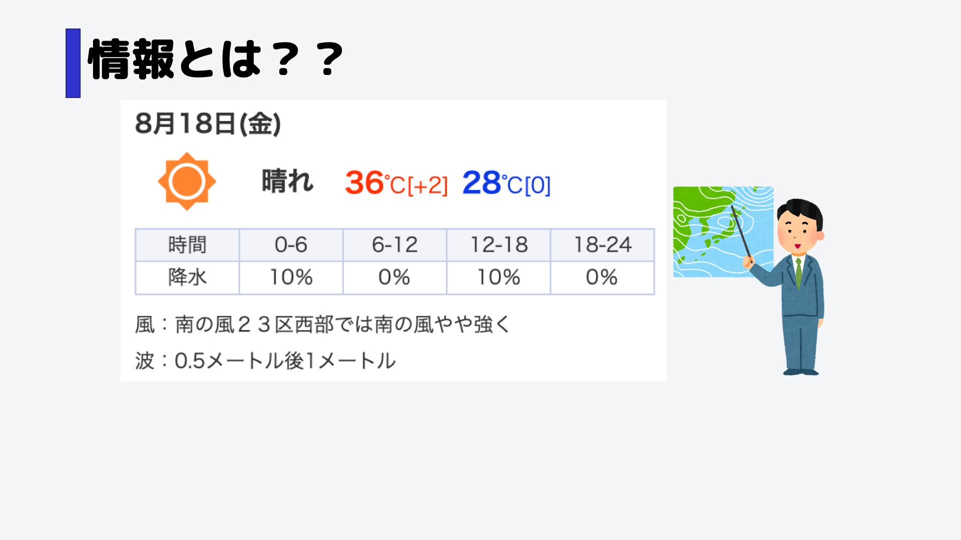 情報とは、よく耳にするかと思いますが、どういった意味になるのでしょうか。,例えば、このような天気予報を見た時、あなたはどう感じますか?